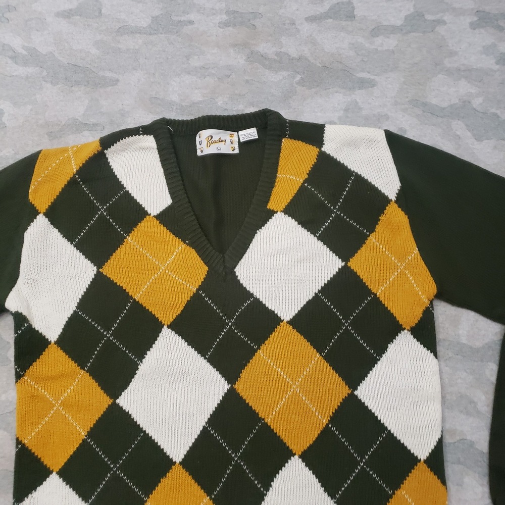 Vintage Barclay Argyle Sweater Mens Large Green V-Neck Knit Preppy Pullover - Picture 3 of 8